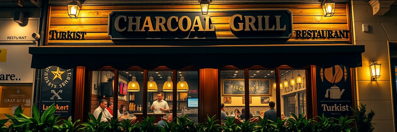 Warmly lit Turkish restaurant exterior showcasing Gaziantep culinary traditions.