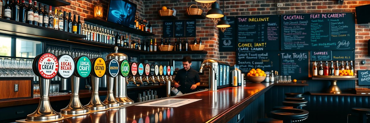 Local ingredients showcased on craft beer taps at a vibrant modern bar.