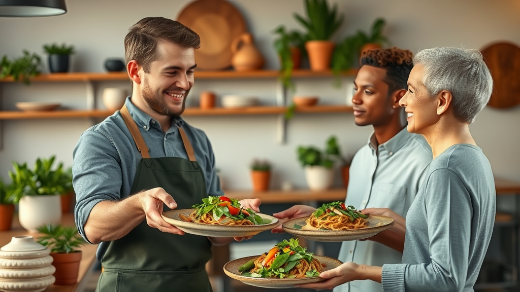 Couple savoring organic dining experience in a sustainable, plant-filled restaurant