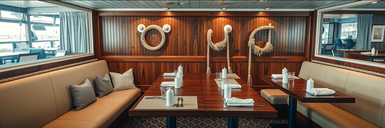 Nautical-themed restaurant booth for fresh seafood menu with rope decor.