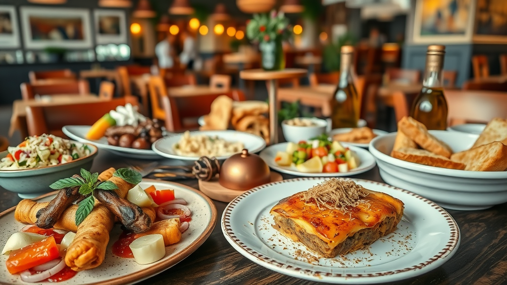 Colorful Greek culinary experience spread with moussaka, salad, and grilled skewers.