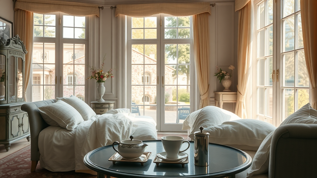 Plush guest room at The Peacock at Rowsley with garden views and elegant decor