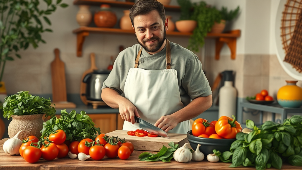Italian chef preparing fresh ingredients like basil, tomatoes, and garlic in a cozy kitchen.