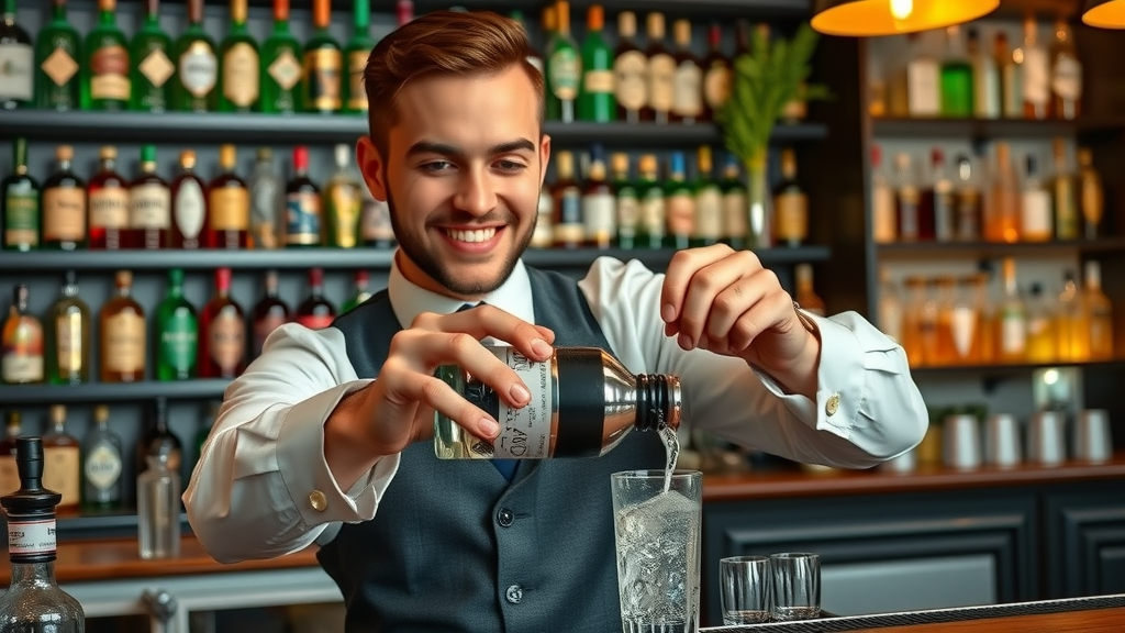 Bartender preparing gin cocktail with diverse gin variety displayed in pub background