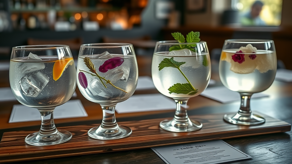Gin tasting flight displaying different gin varieties with botanicals on rustic pub table