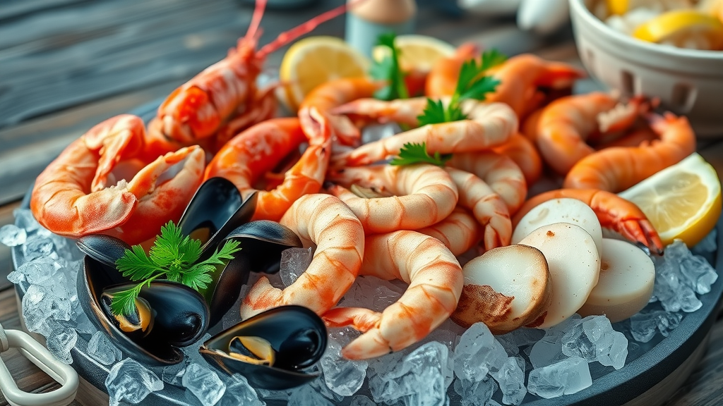 Fresh seafood menu platter with lobster, mussels, prawns on ice, top view.