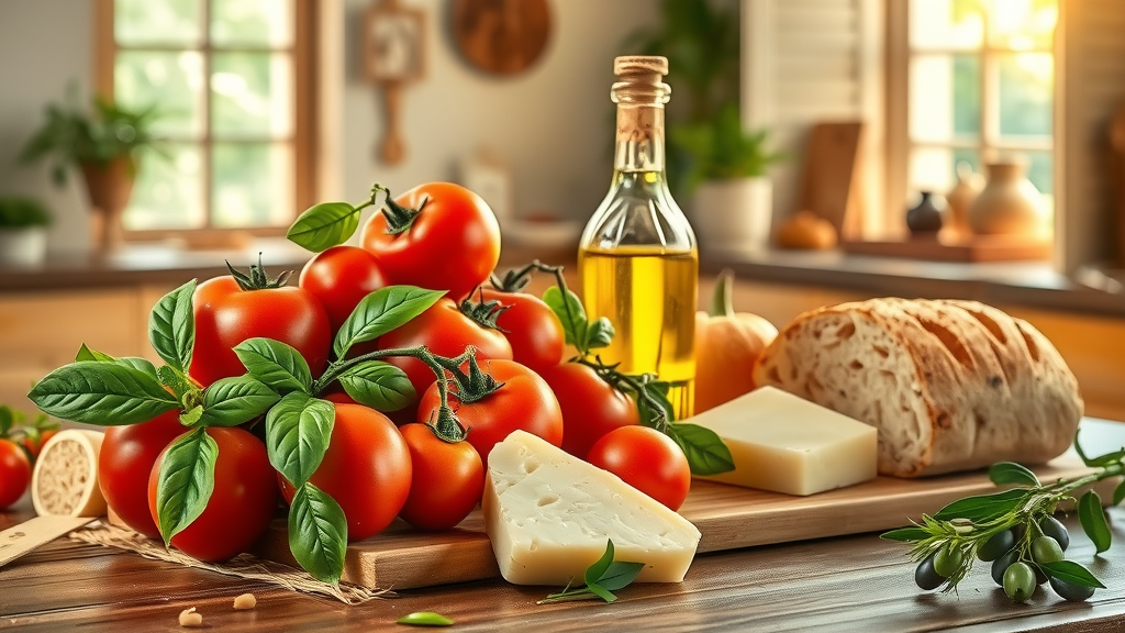 Fresh Italian ingredients including tomatoes, basil, olive oil, and bread arranged beautifully in Mediterranean light.