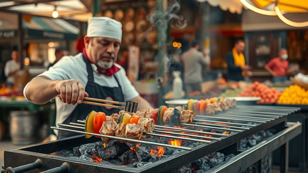 Charcoal grill scene capturing classic Gaziantep culinary traditions and Turkish grilling.
