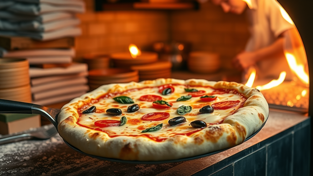 Gluten-free Neapolitan pizza entering wood-fired oven in authentic Italian kitchen.