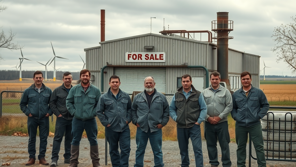 Unemployed workers after factory closure, wind turbines in background, climate policy job impacts