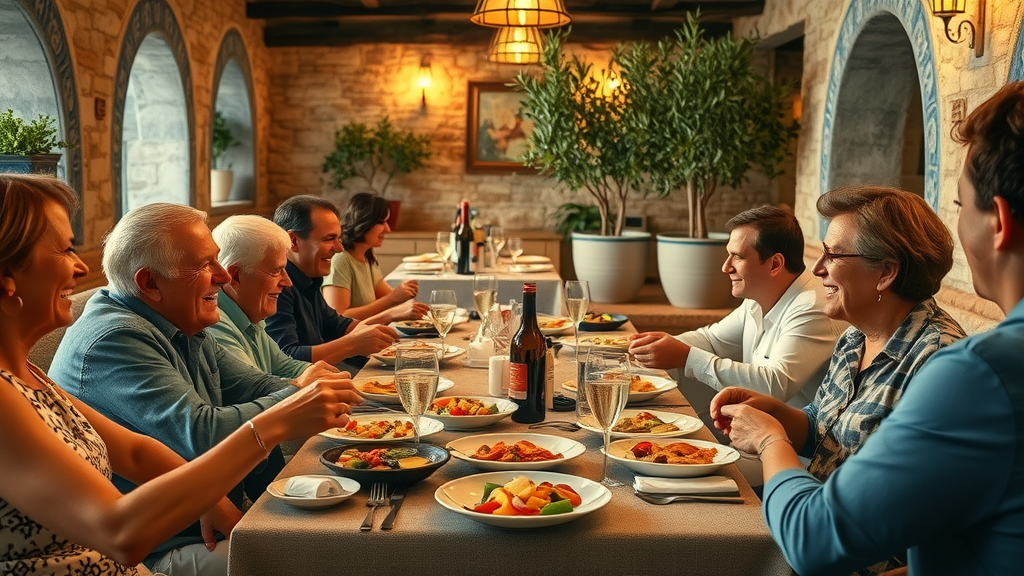 Greek culinary experience in a cozy restaurant setting with shared dishes and happy guests.