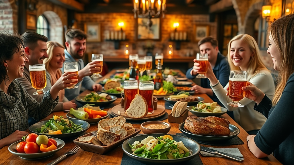 Vibrant local ingredients at cozy pub table with local ale and fresh homemade dishes