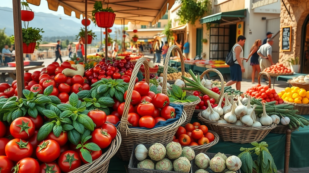 Colorful Sicilian market brimming with fresh Italian ingredients and lively shoppers.