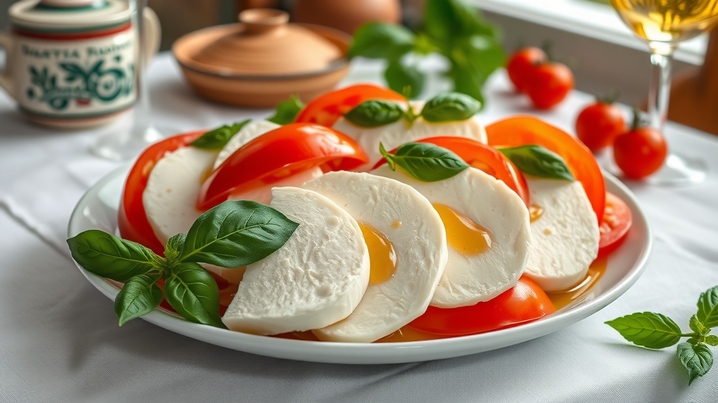 Fresh Italian Caprese salad featuring basil, tomatoes, mozzarella, and olive oil.