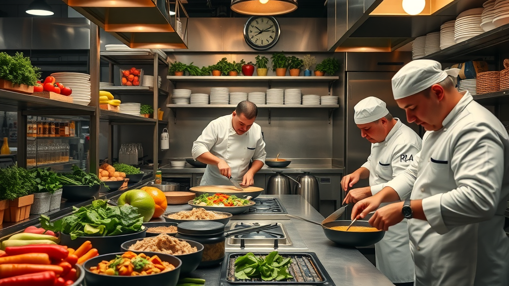 Chefs preparing dishes with fresh local ingredients in a lively gastropub kitchen
