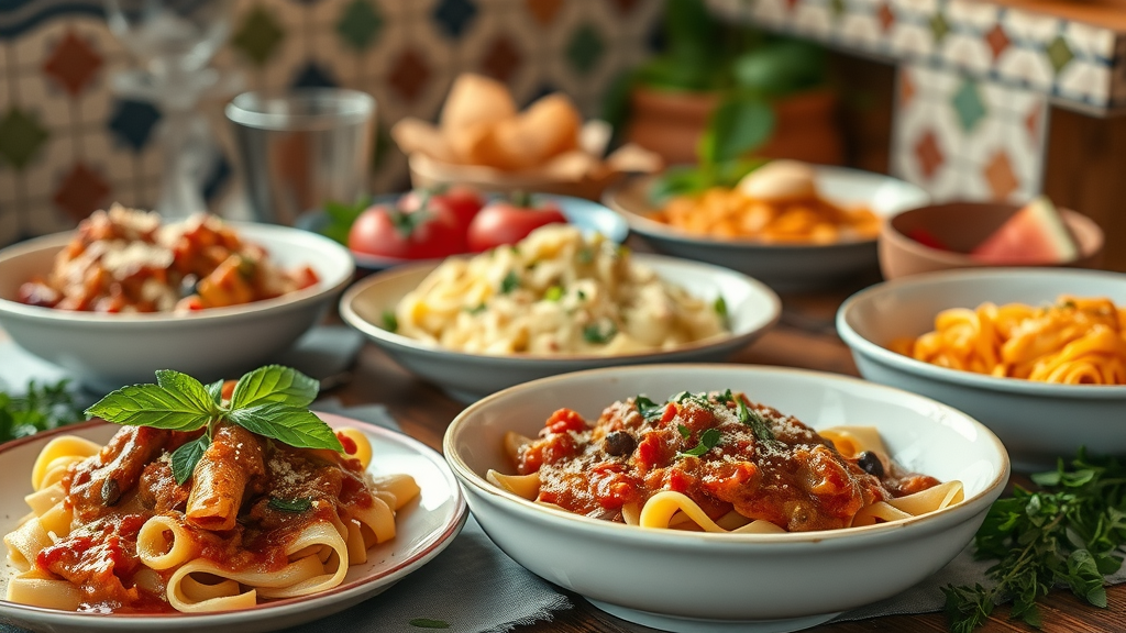 Colorful gluten-free Italian feast with pasta, pizza, and salads at a sunlit trattoria.