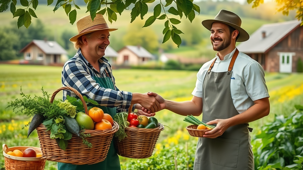 Farmer and chef sharing fresh local ingredients on a scenic countryside farm