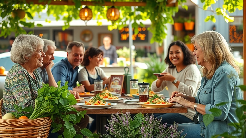 Friends enjoying an organic dining experience at an outdoor leafy café