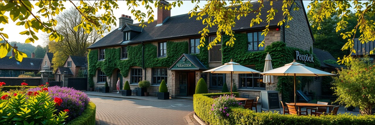 The Peacock at Rowsley historic inn in lush English countryside at sunset