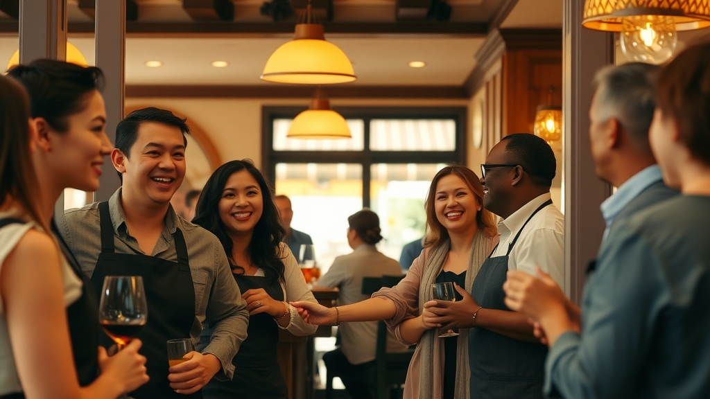 Smiling friendly restaurant staff welcomes guests at cozy Mediterranean eatery