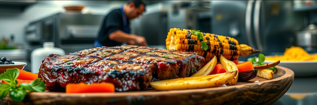 Friendly restaurant staff kitchen with grilled steak and corn platter served fresh.