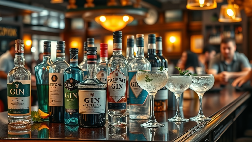 Stylish selection of gin bottles and cocktails showcasing gin variety on a wooden pub bar