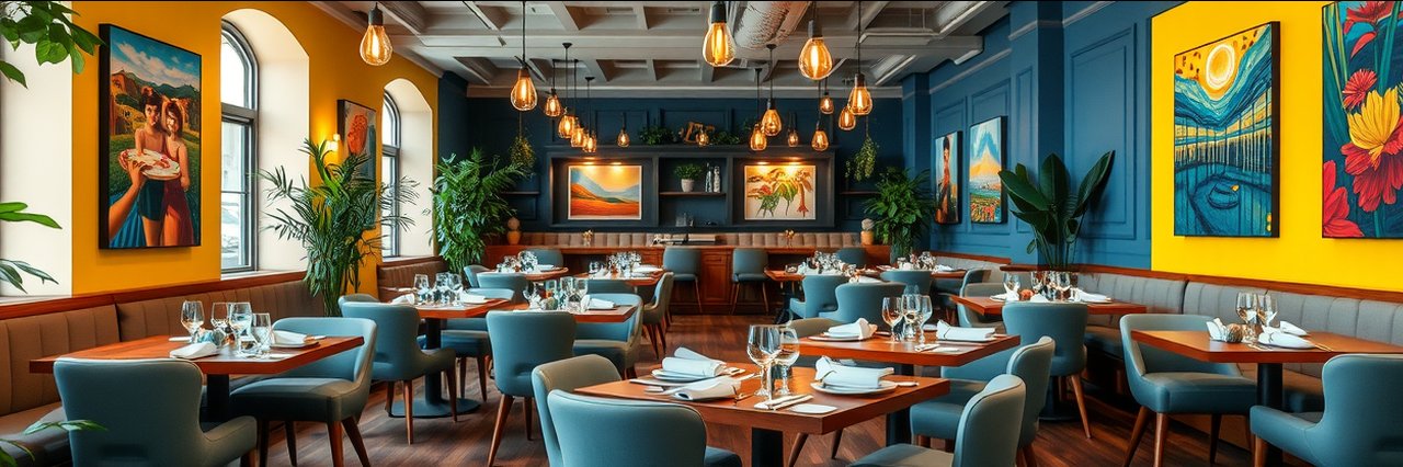Cozy Italian restaurant interior with fresh Italian ingredients vibe, modern décor.