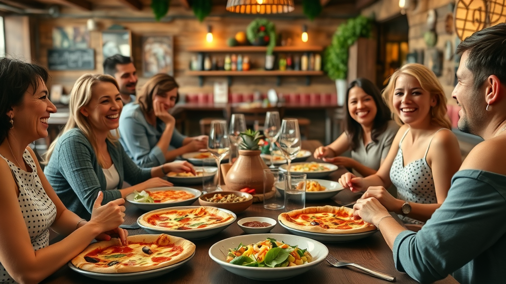 Joyful guests sharing gluten-free Italian food in a warm rustic restaurant setting.