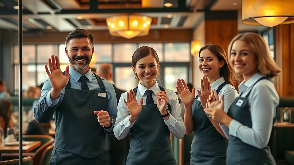 Friendly restaurant staff warmly bids farewell to happy restaurant guests