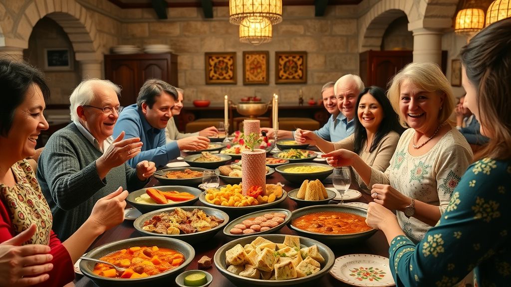 Gaziantep culinary traditions showcased at a lively family feast with Turkish cuisine.