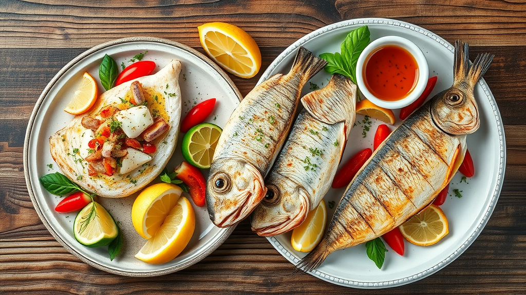 Overhead shot of fresh seafood menu—cod, sea bream, lemon, and sauces.