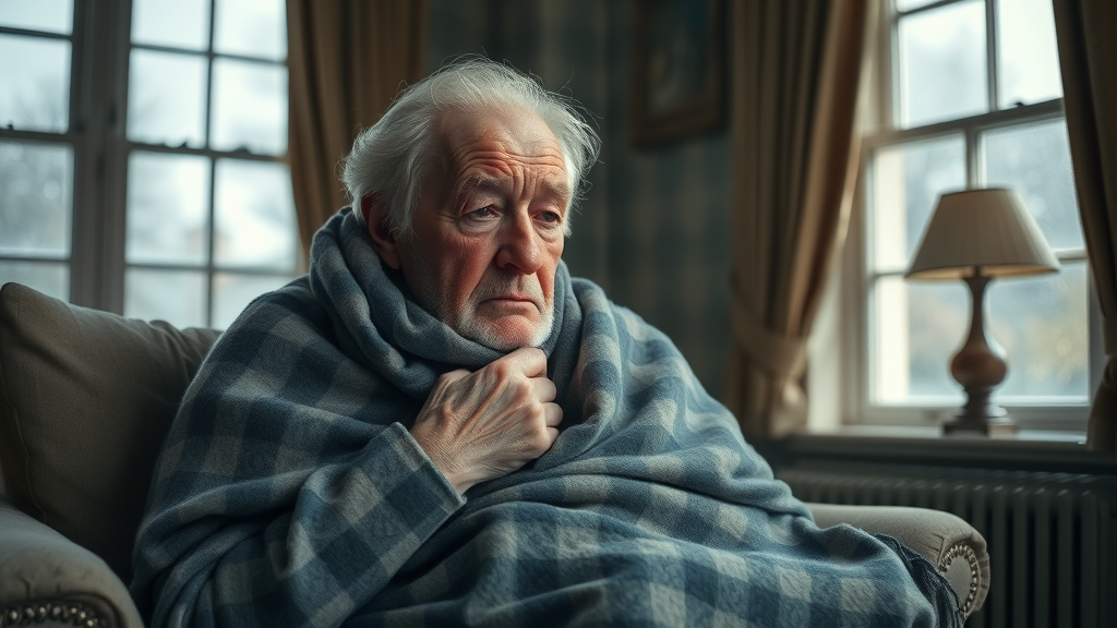 Somber elderly individual wrapped in a blanket, distress, poorly heated UK home, condensation on windows, why climate fanaticism is killing us