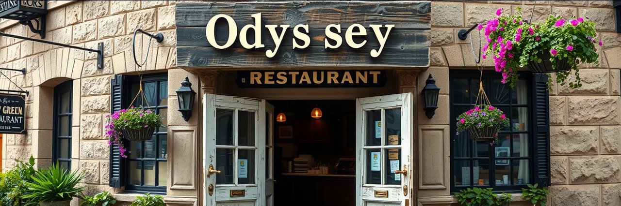 Odyssey restaurant entrance showcasing a rustic Greek culinary experience.