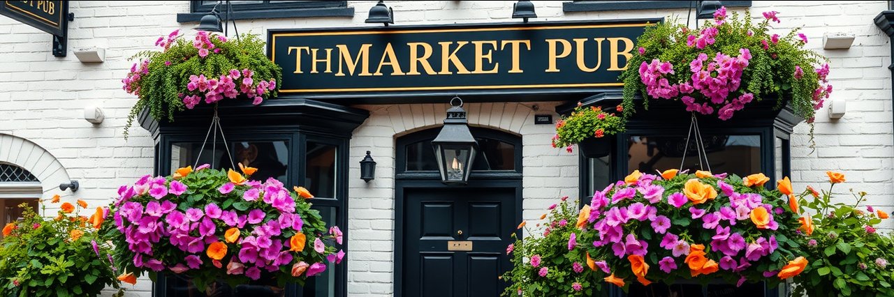 Historic English pub with floral baskets showcasing gin variety atmosphere.