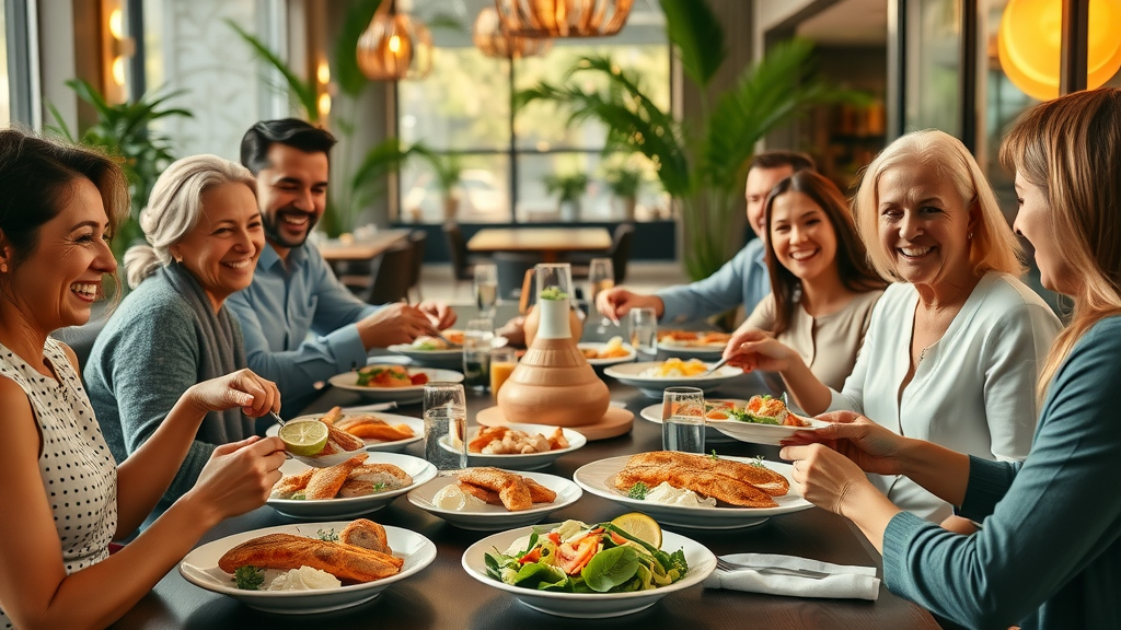 Family enjoying fresh seafood menu with fish and salads in bright restaurant.