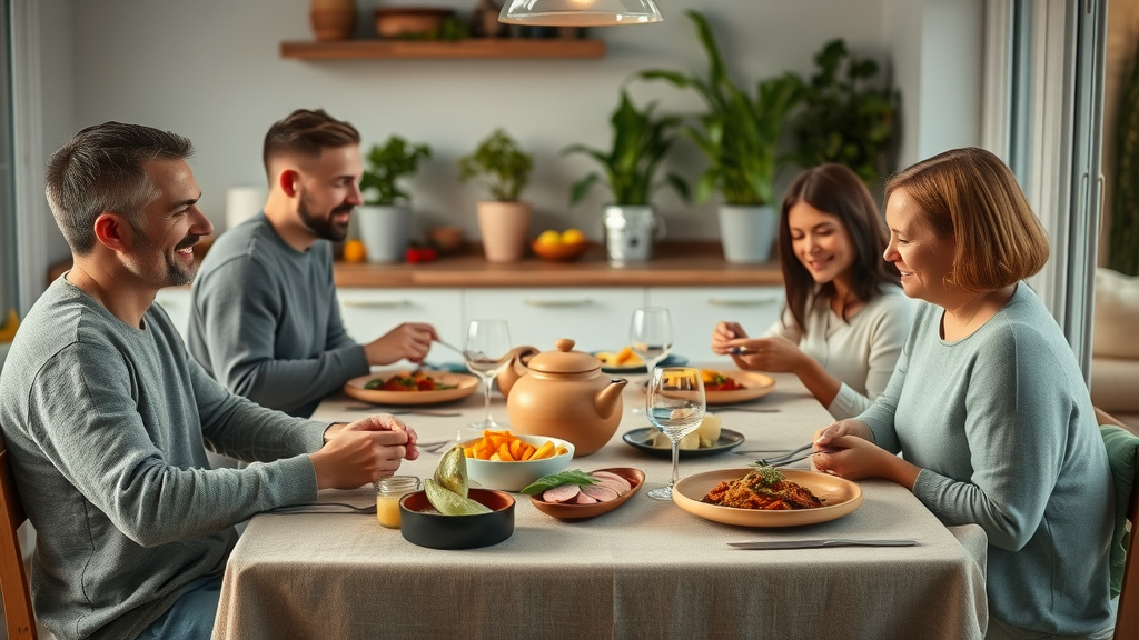 Family sharing a home-cooked organic dining experience with natural decor