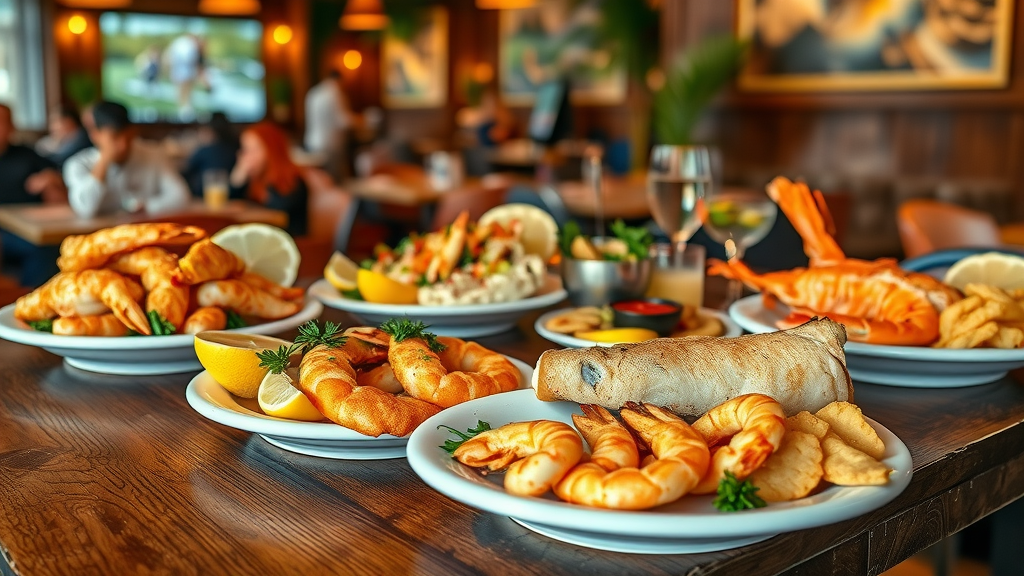 Fresh seafood menu with crispy cod, lobster, and chips in cozy restaurant.