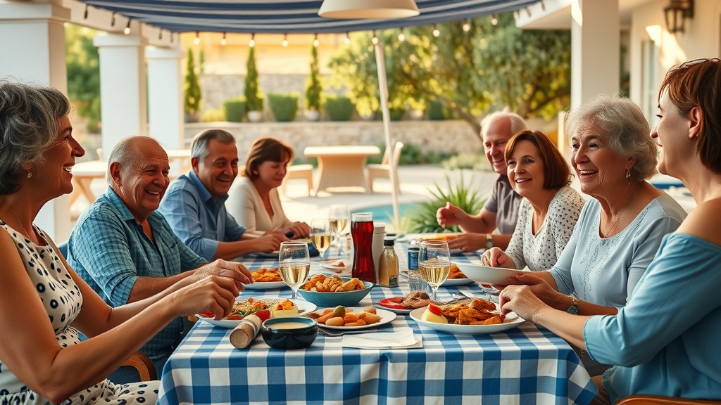 Greek culinary experience outdoors: family laughing and sharing a Mediterranean meal together.