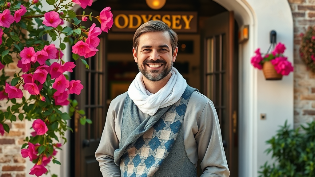 Greek culinary experience welcome: host greeting guests at a charming restaurant door.