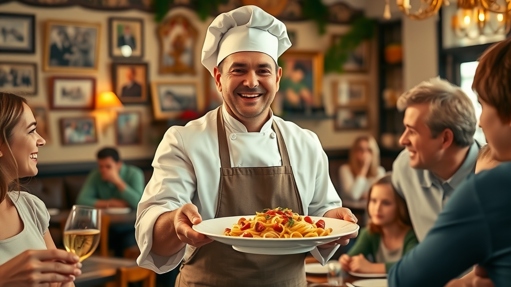 Chef serving gluten-free Italian pasta to a happy family in a cozy trattoria.