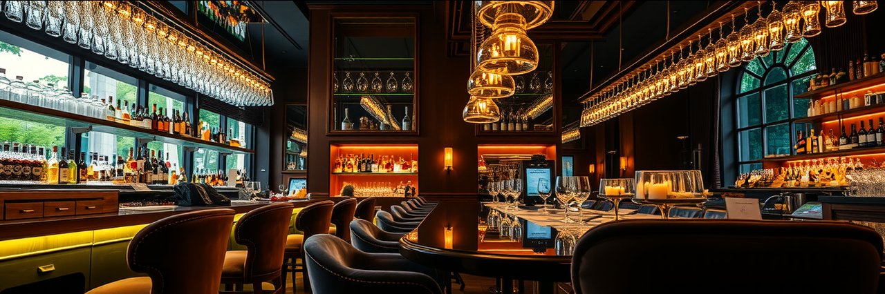 Elegant bar interior with velvet seating and premium spirits for steak dining offers