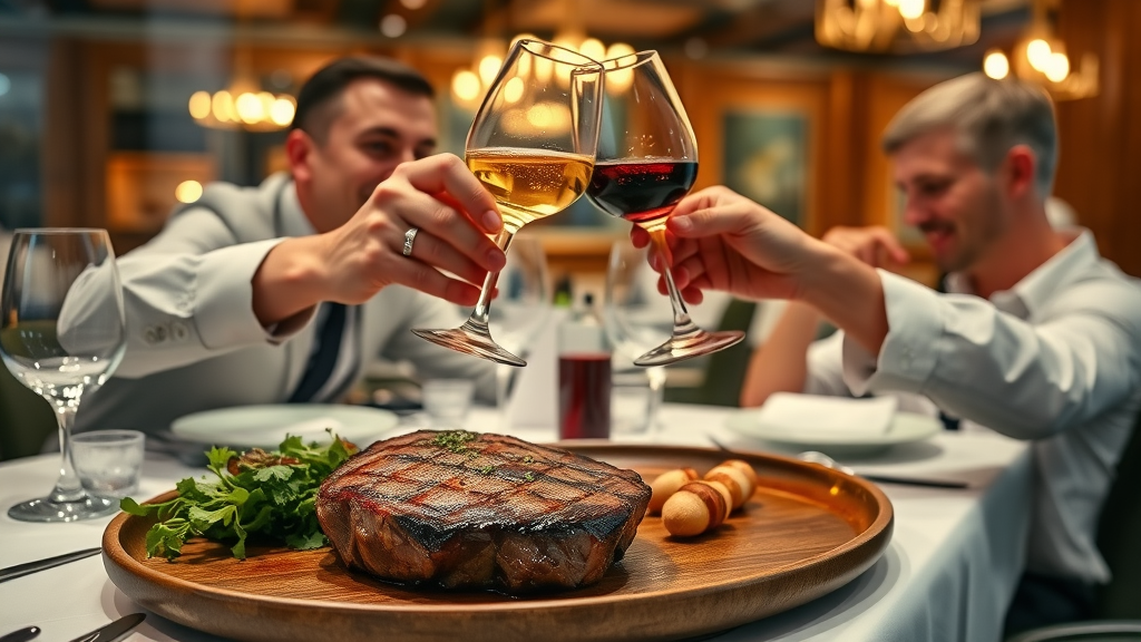 Elegant steak dining with perfect steak and wine at upscale restaurant table