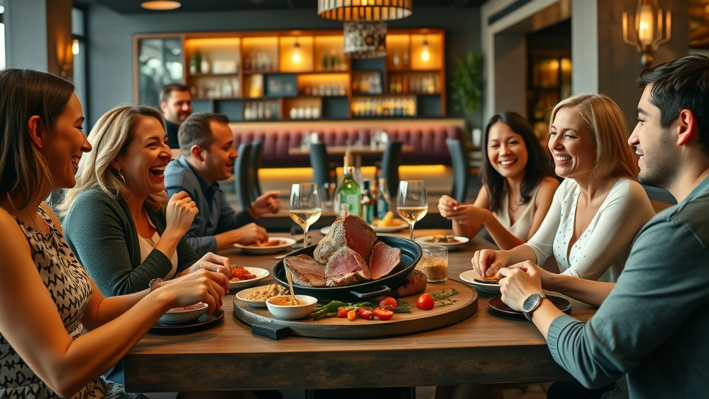 Friends enjoying steak dining offers with tapas in vibrant steakhouse setting