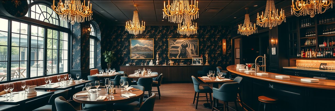 Modern British restaurant interior with tables set for sunday roast meals, cozy ambiance.