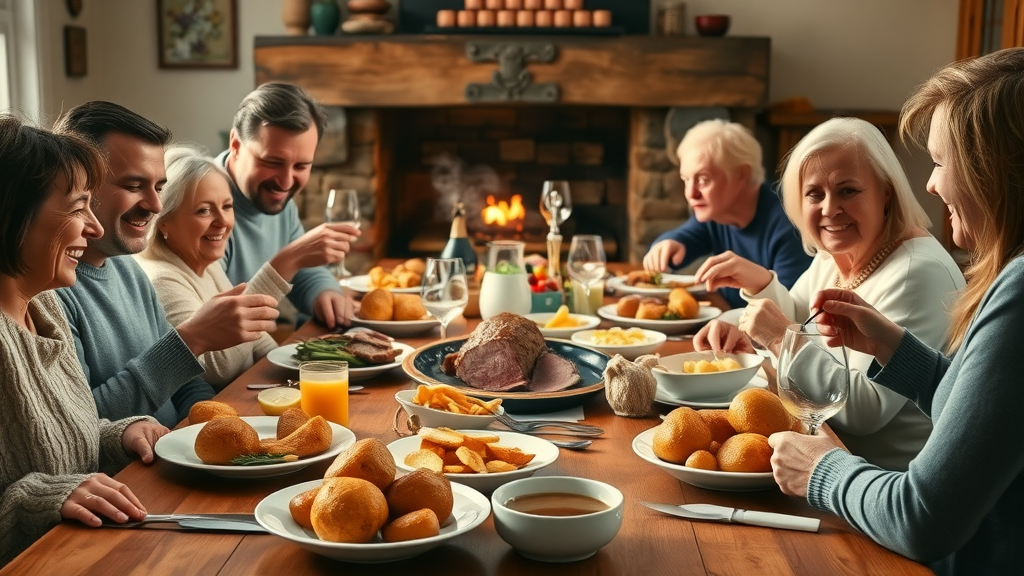 Family enjoying Sunday roast meals in a cozy British dining room