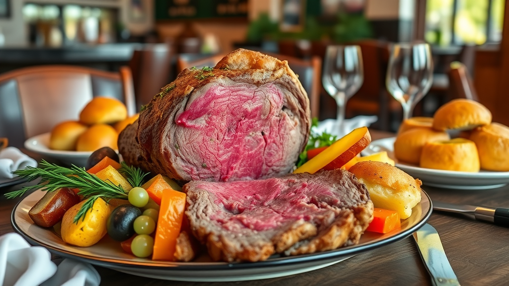 Classic Sunday roast meal with beef, potatoes, Yorkshire pudding and veggies