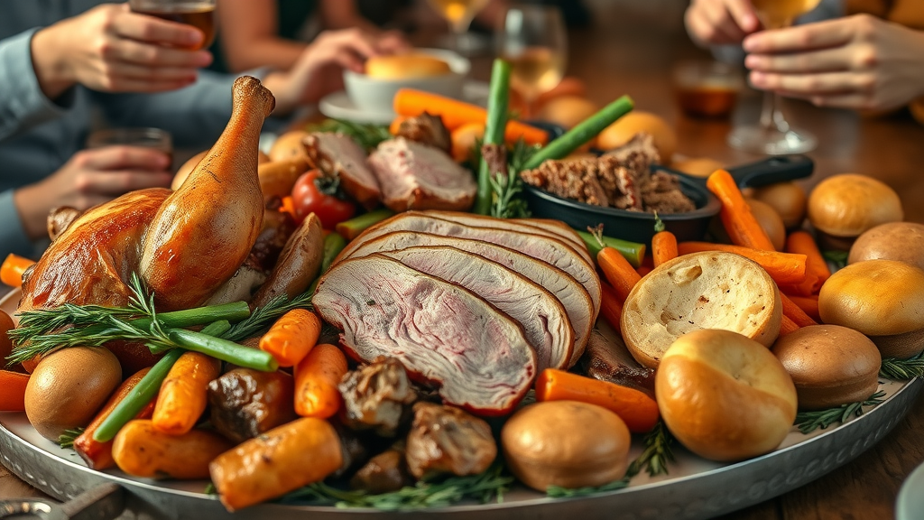 Delicious Sunday roast platter with meats, potatoes, Yorkshire puddings