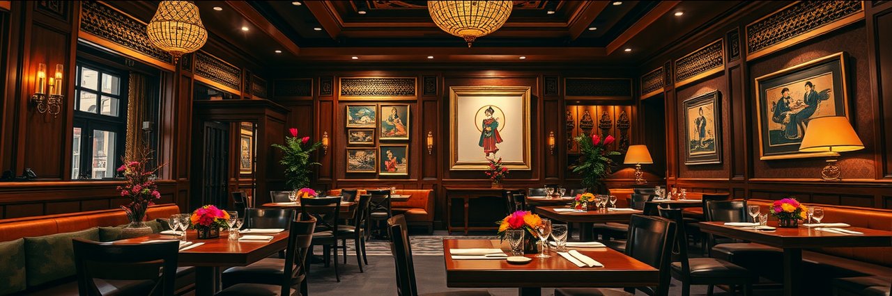 Traditional Thai restaurant interior with wooden décor and floral arrangements