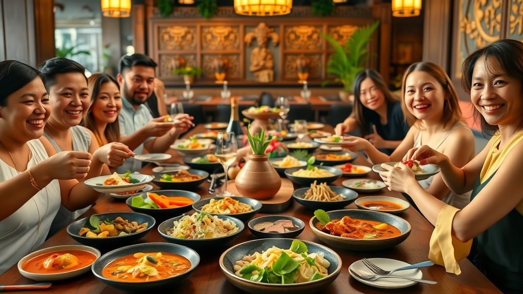 Friends sharing colorful traditional Thai dishes at an authentic Thai restaurant