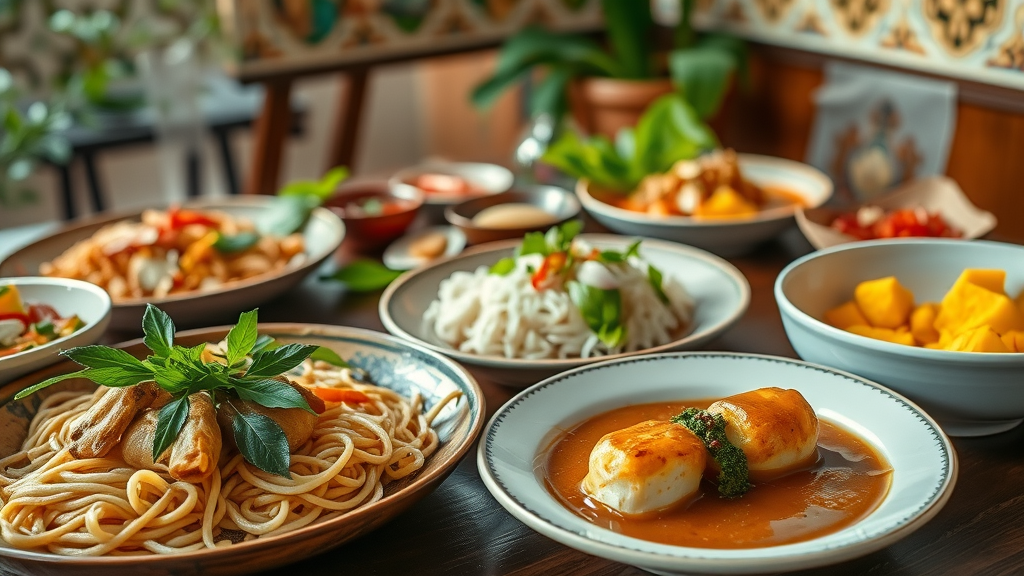 Traditional Thai dishes beautifully presented with fresh herbs and garnishes